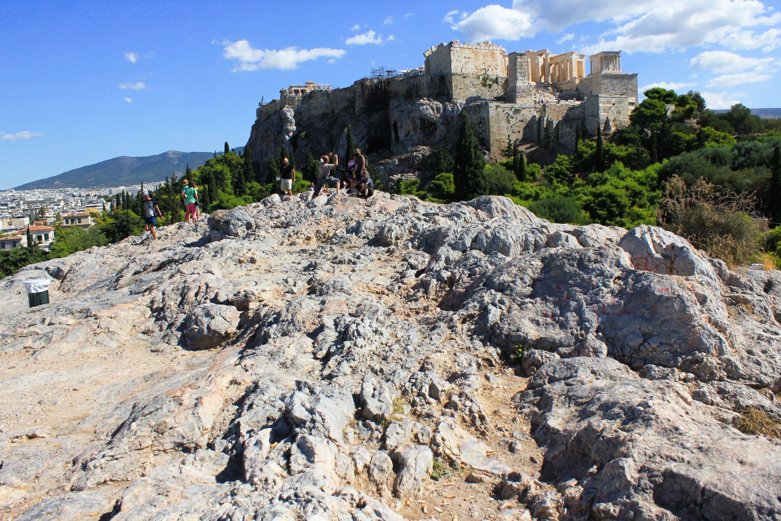 View of Acropolis hill from Areopagus hill in Athens.