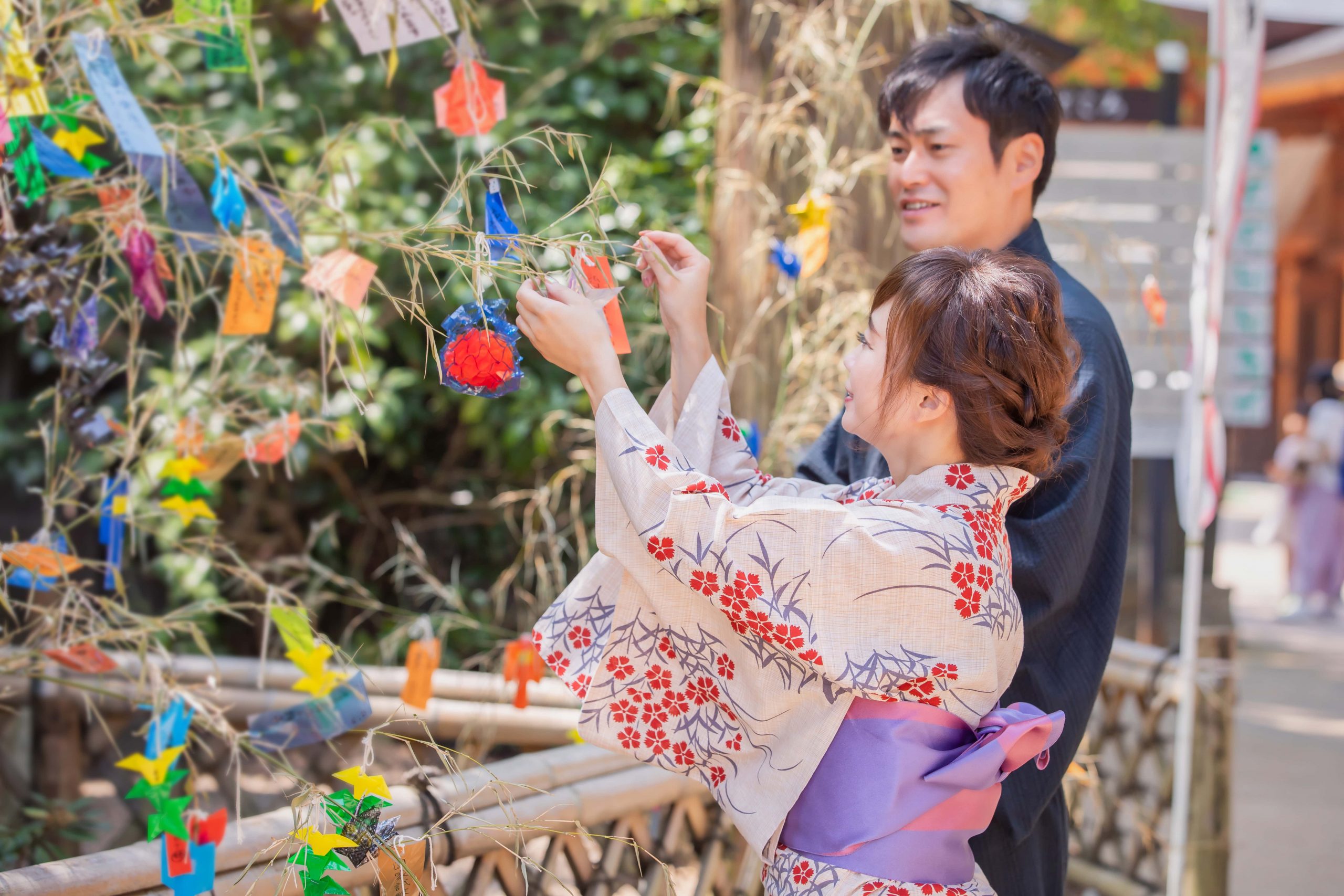 Tanabata is comes to life with beautiful decorations and wishes written on paper, hanging from bamboo.