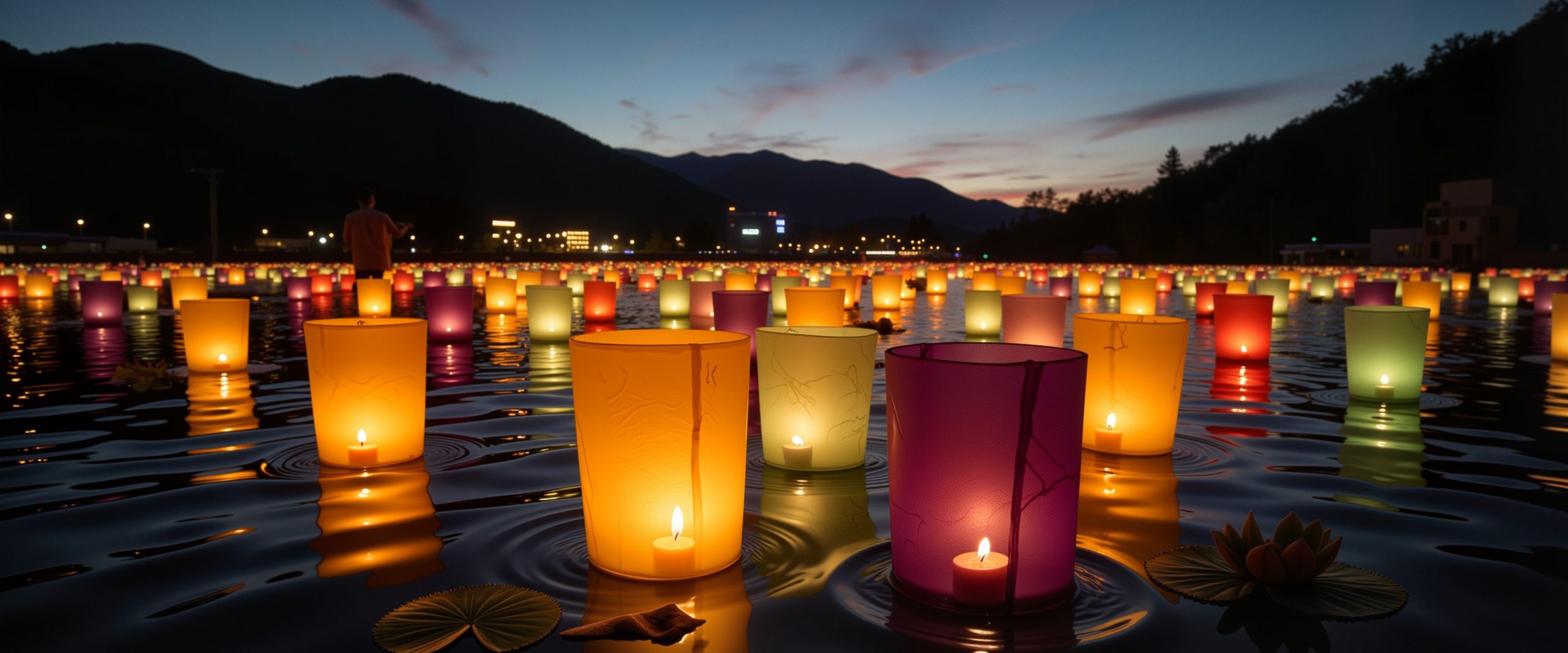 Floating river lanterns glowing at night during Obon celebration.