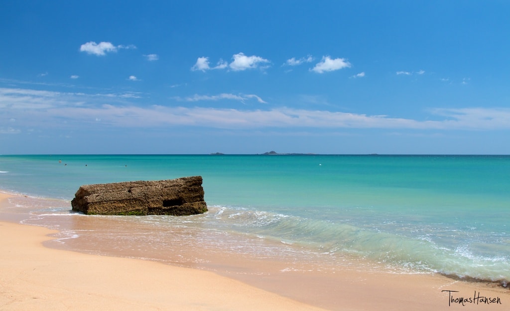 The beach is long and wide, bordered by coconut palms.