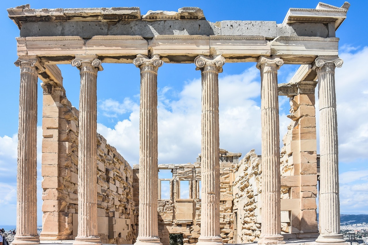 The monuments are built primarily from Pentelic marble, quarried from a mountain northeast of Athens.
