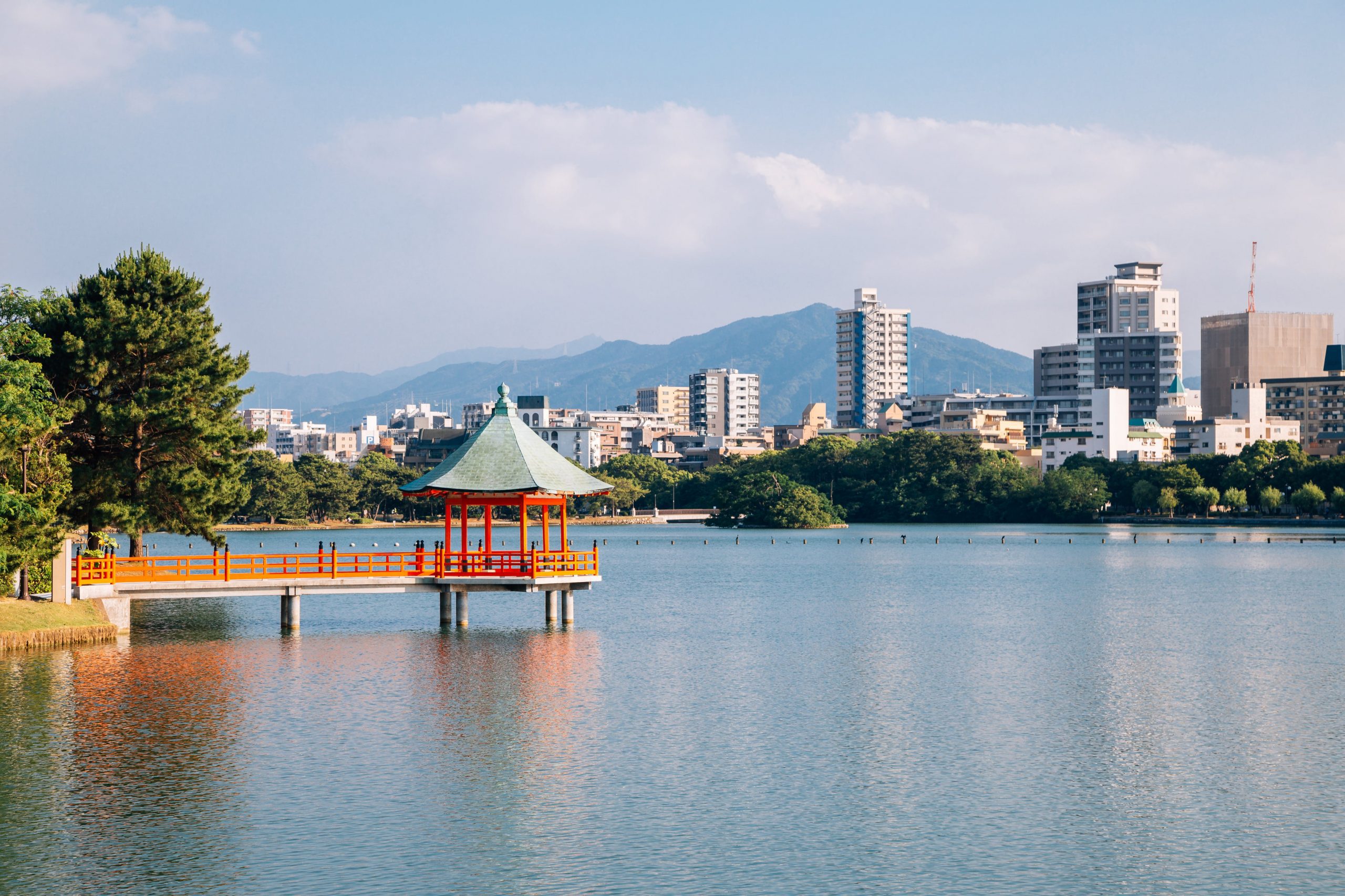 Lake and gazebo at Ohori Park in Fukuoka.