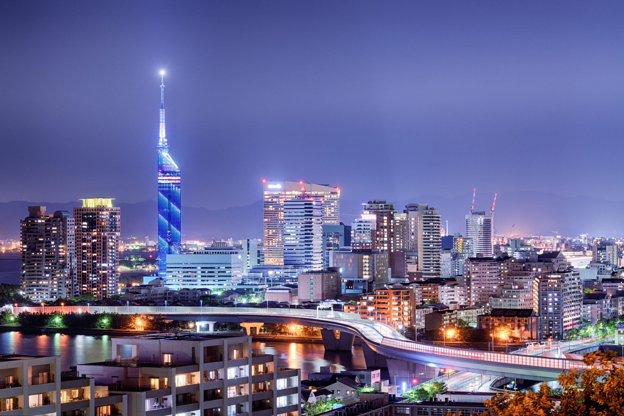 Night panorama of Fukuoka city.