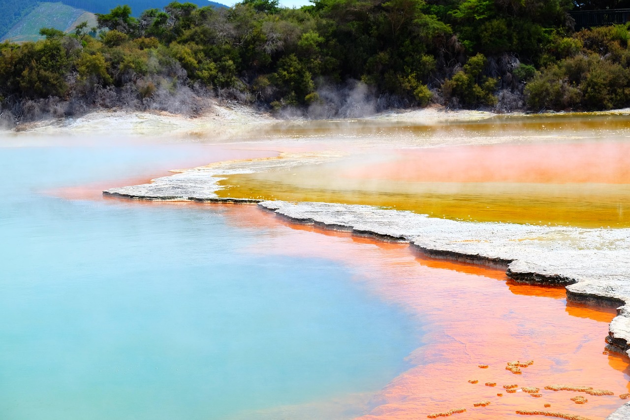 Steam and vibrant mineral pools showcase Rotorua's enchanting geothermal energy.