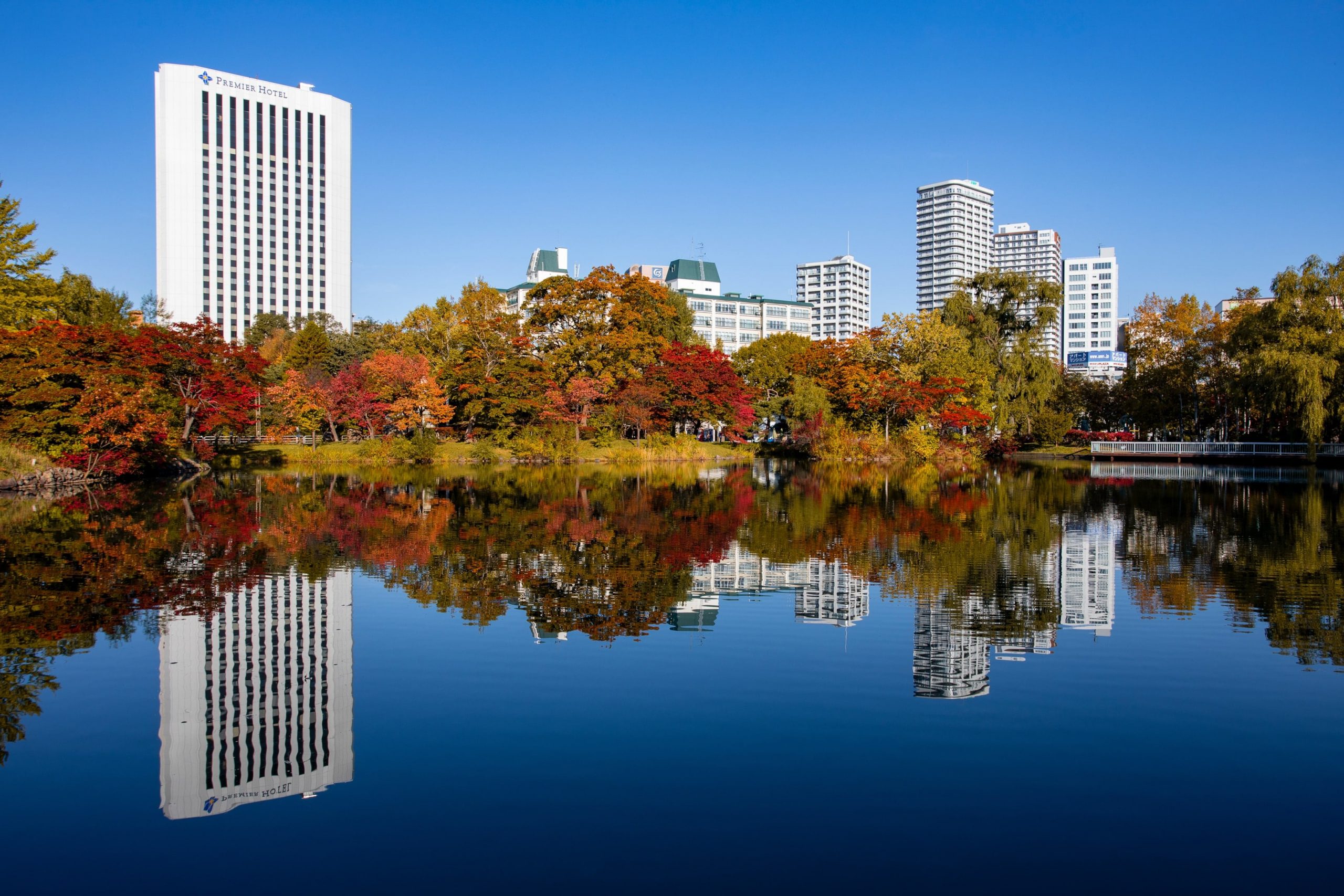 A large pond in the center of the park where visitors can rent boats in the summer.