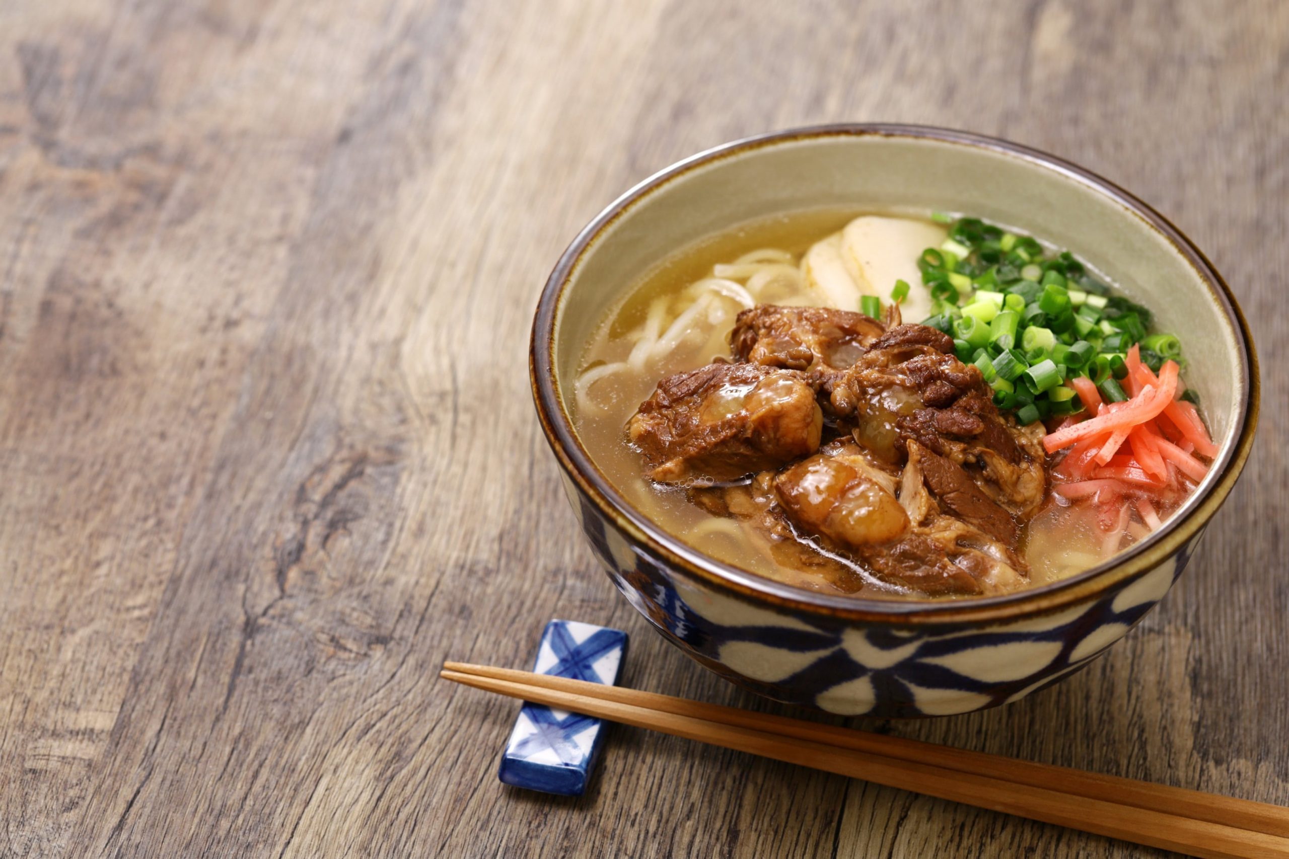 The noodles are made from wheat flour, not buckwheat, giving them a chewier texture.