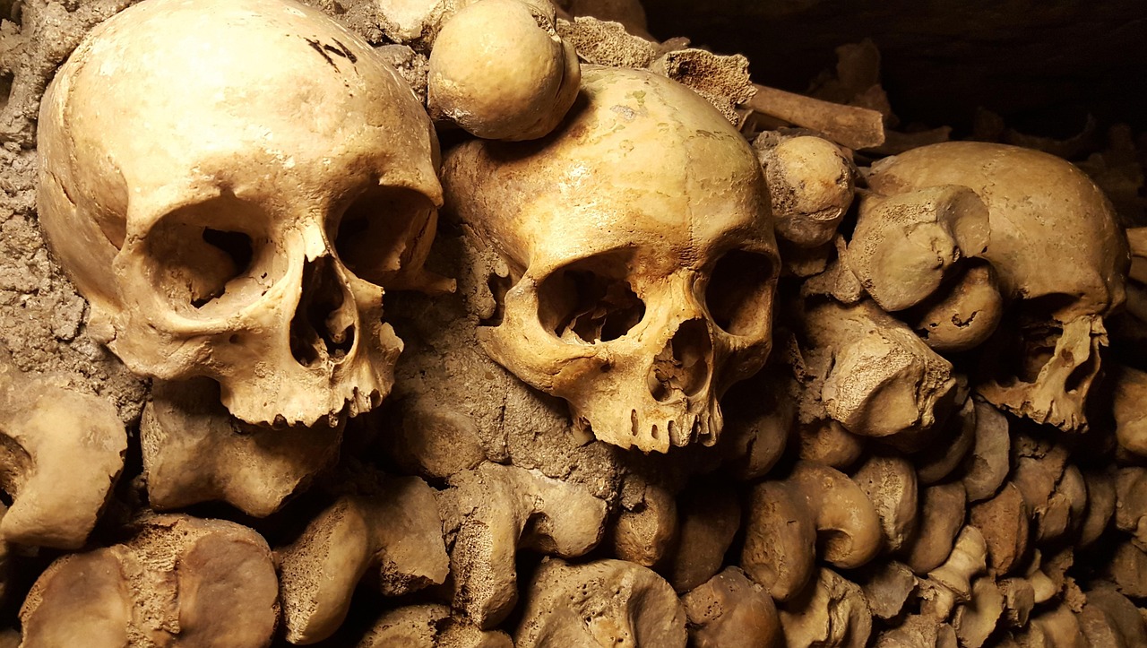The bone arrangements and inscriptions such as 'Empire of Death' create an awe-inspiring atmosphere under Paris.