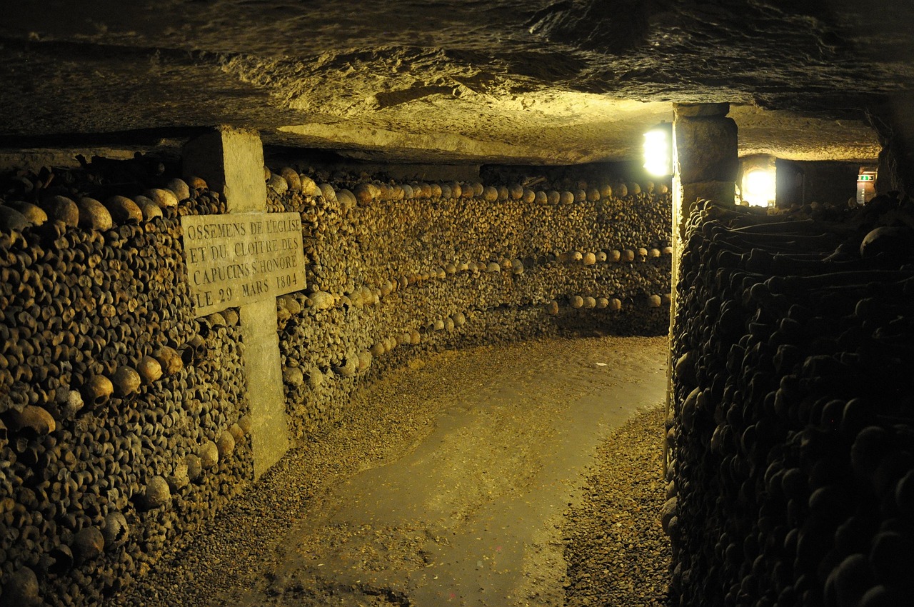 The mysterious entrance to the underground world of Les Catacombes Paris France.