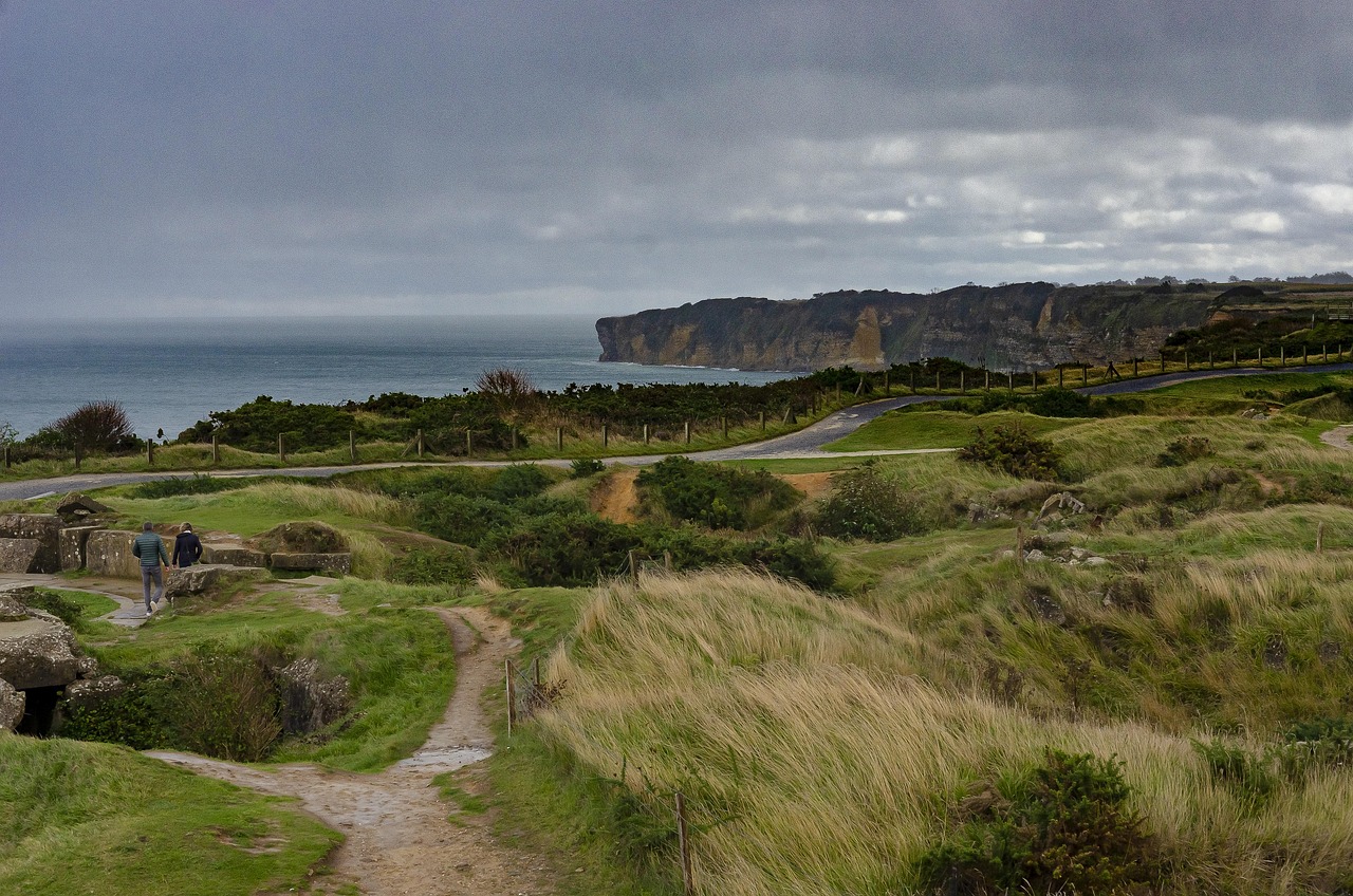 Pointe du Hoc cliff trail bomb craters Omaha Beach views France