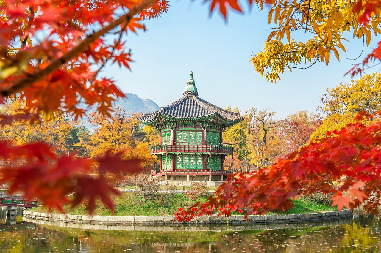 Visit Seoul in spring cherry blossom season at Gyeongbokgung with palace courtyards in soft morning light
