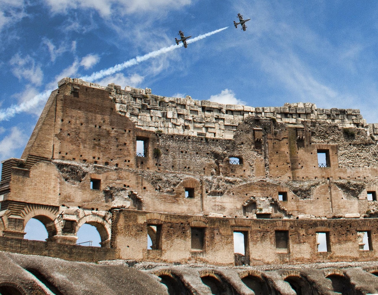 Ancient Rome in the centre with the Colosseum, Roman Forum and Palatine Hill