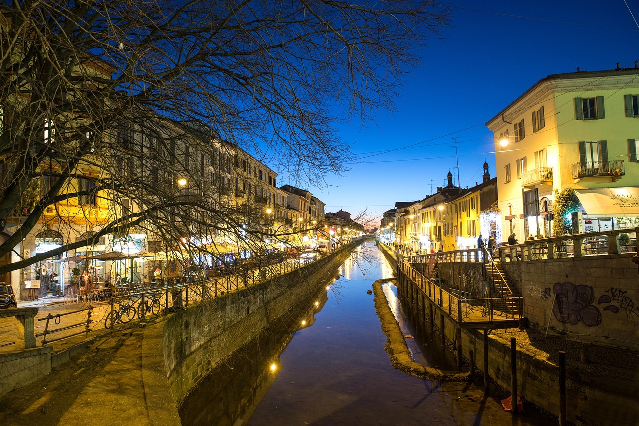 Navigli District Aperitivo and nightlife by the canals in Milan at golden hour