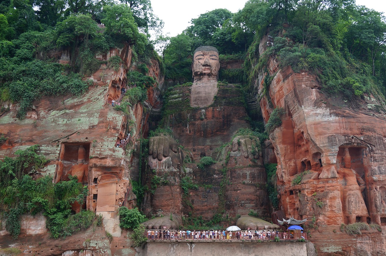 Inside the Leshan Giant Buddha scenic area on foot along narrow stairs