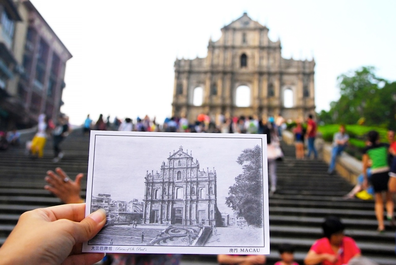 Attractions in Macau Old Town UNESCO Streets and Senado Square with heritage façades and patterned paving