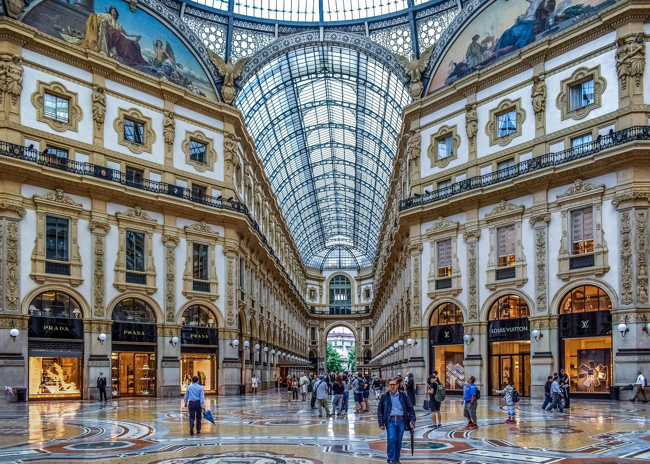 Galleria Vittorio Emanuele II and Milan city centre style beneath mosaics and glass