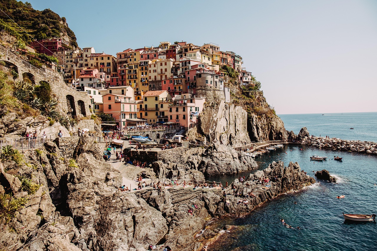 Cinque Terre places to visit by the beach and sea with Manarola views and colourful cliffs