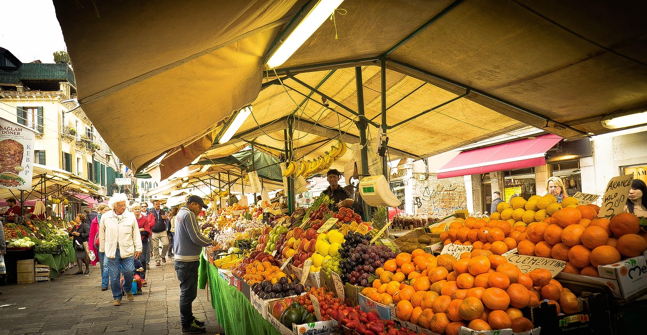 Rialto Market Local Life Along the Canal, early morning at Rialto Market in Venice