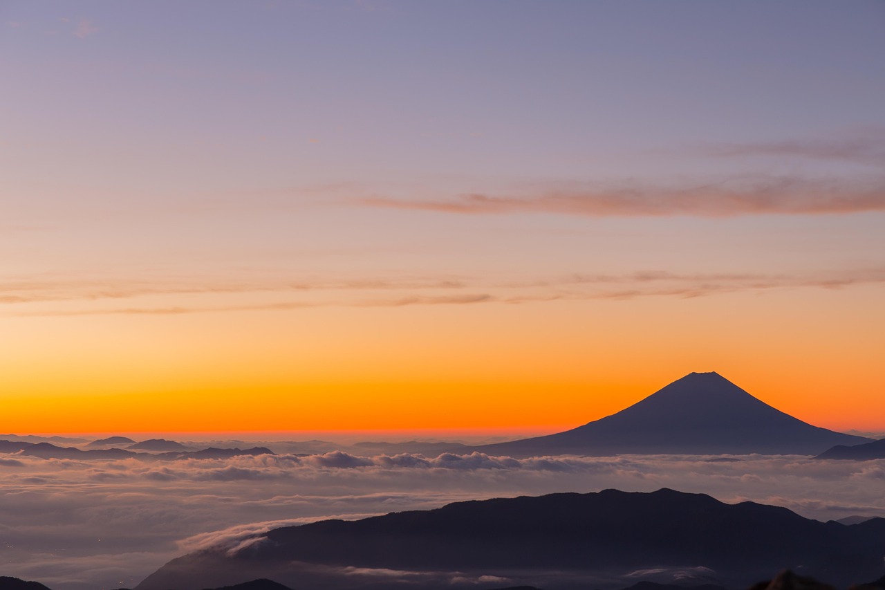 Mount Fuji landmark sunrise and the pagoda view across the mountain