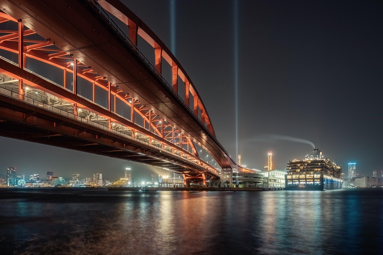 Waterfront Views at Harborland and Meriken Park After Dark with port lights
